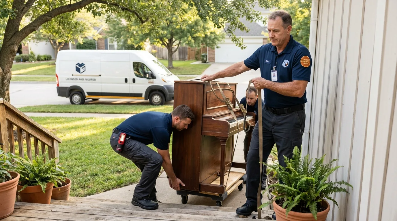 Licensed piano movers securing grand piano in Ann Arbor, MI