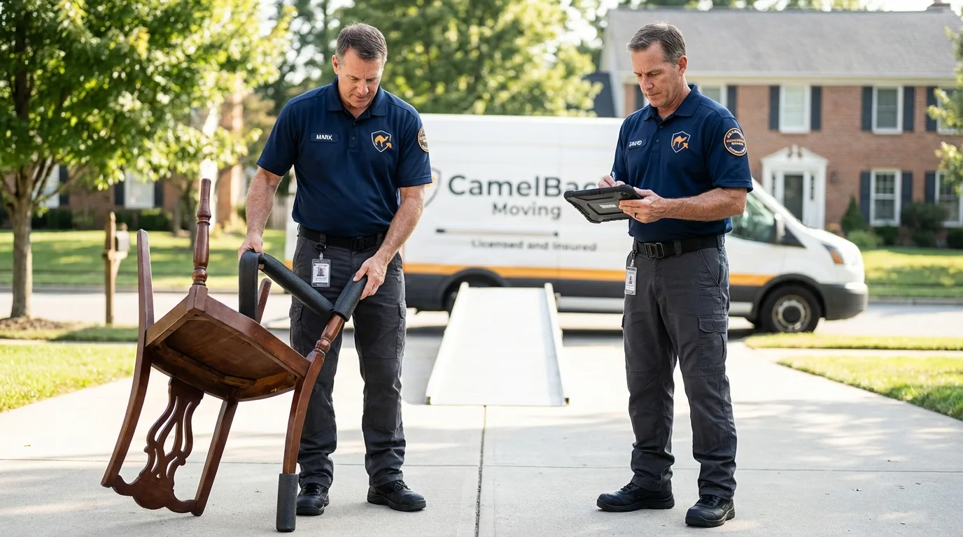 Movers inspecting furniture for damage prevention before loading in Ann Arbor, MI